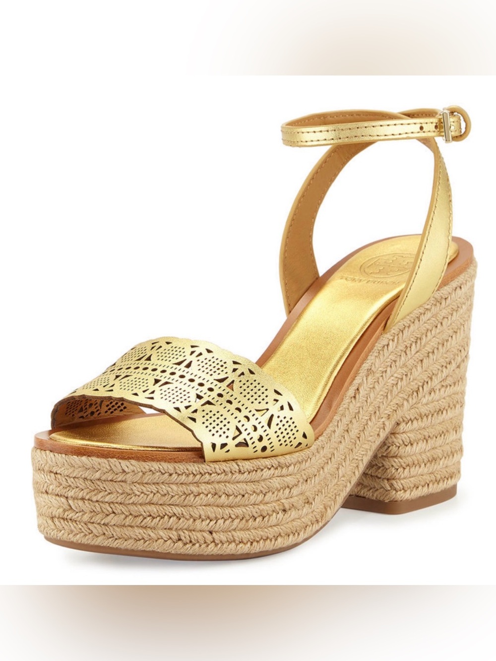 Tory Burch Metallic Gold Laser-Cut Wedge Sandals
